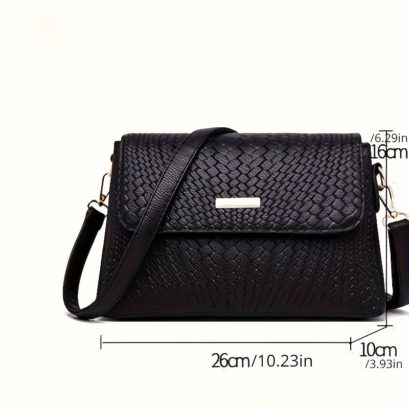 realaiot  Woven Pattern Crossbody Bag, Stylish PU Leather Flap Purse, Simple Shoulder Bag For Women