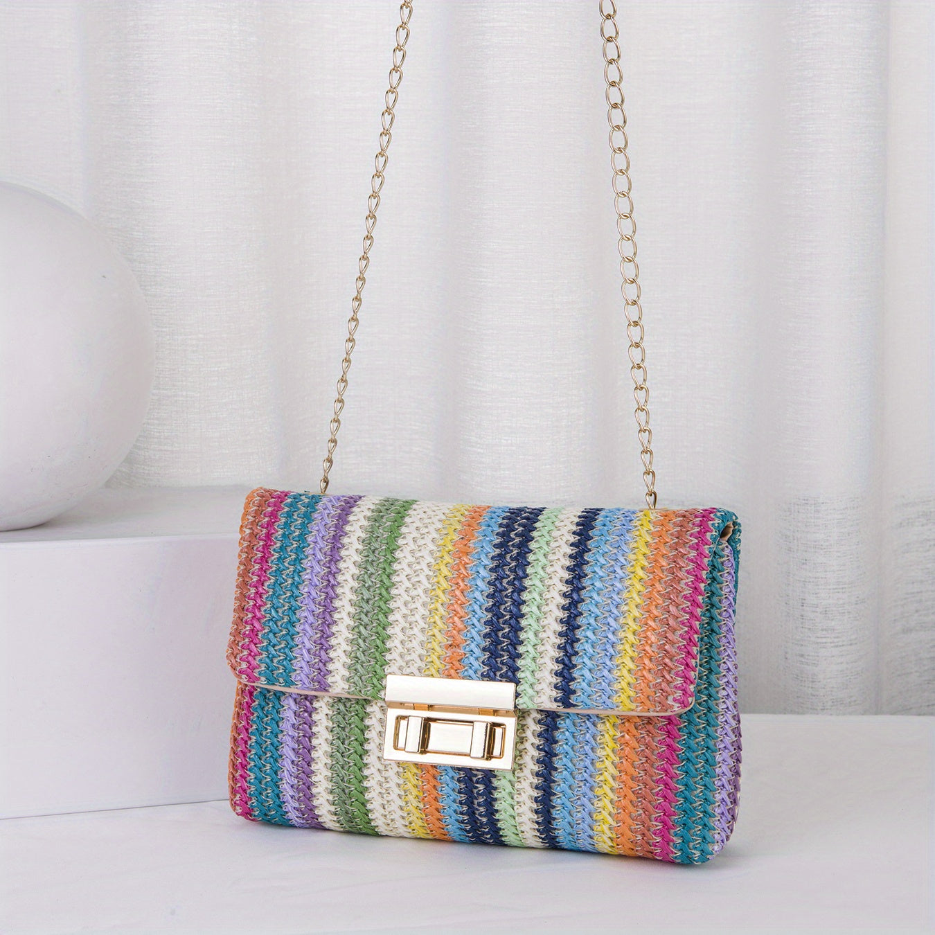 realaiot  Colorful Straw Woven Beach Bag, Fashion Chain Crossbody Bag, Women's Rainbow Design Square Purse