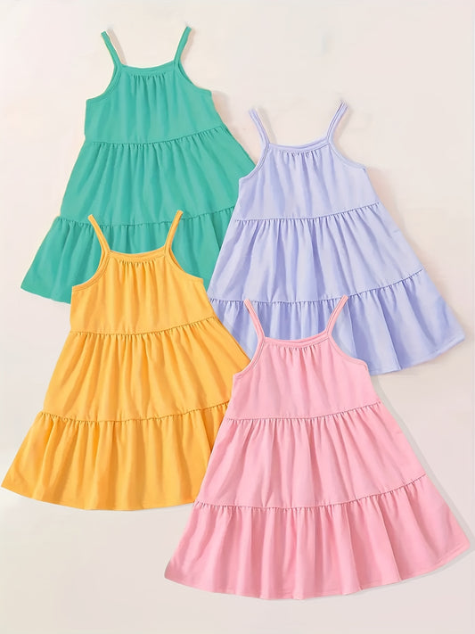 4-Piece Set Little Girls Slip Dresses - Vibrant Solid Colors, Adjustable Suspender Straps, Comfortable Sleeveless Design - Perfect for Casual Outdoor Activities or Daily Wear, Simple yet Chic Basic Style