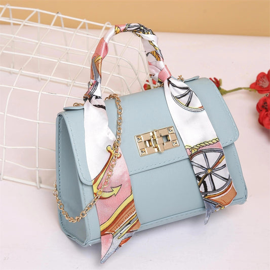 realaiot  Trendy Scarf Decor Handbag, Mini Chain Crossbody Bag, Fashion Solid Color Purse For Women