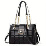 realaiot Plaid Embossed Crossbody Bag,  Trendy Chain Shoulder Bag, Turn Lock Handbags For Work