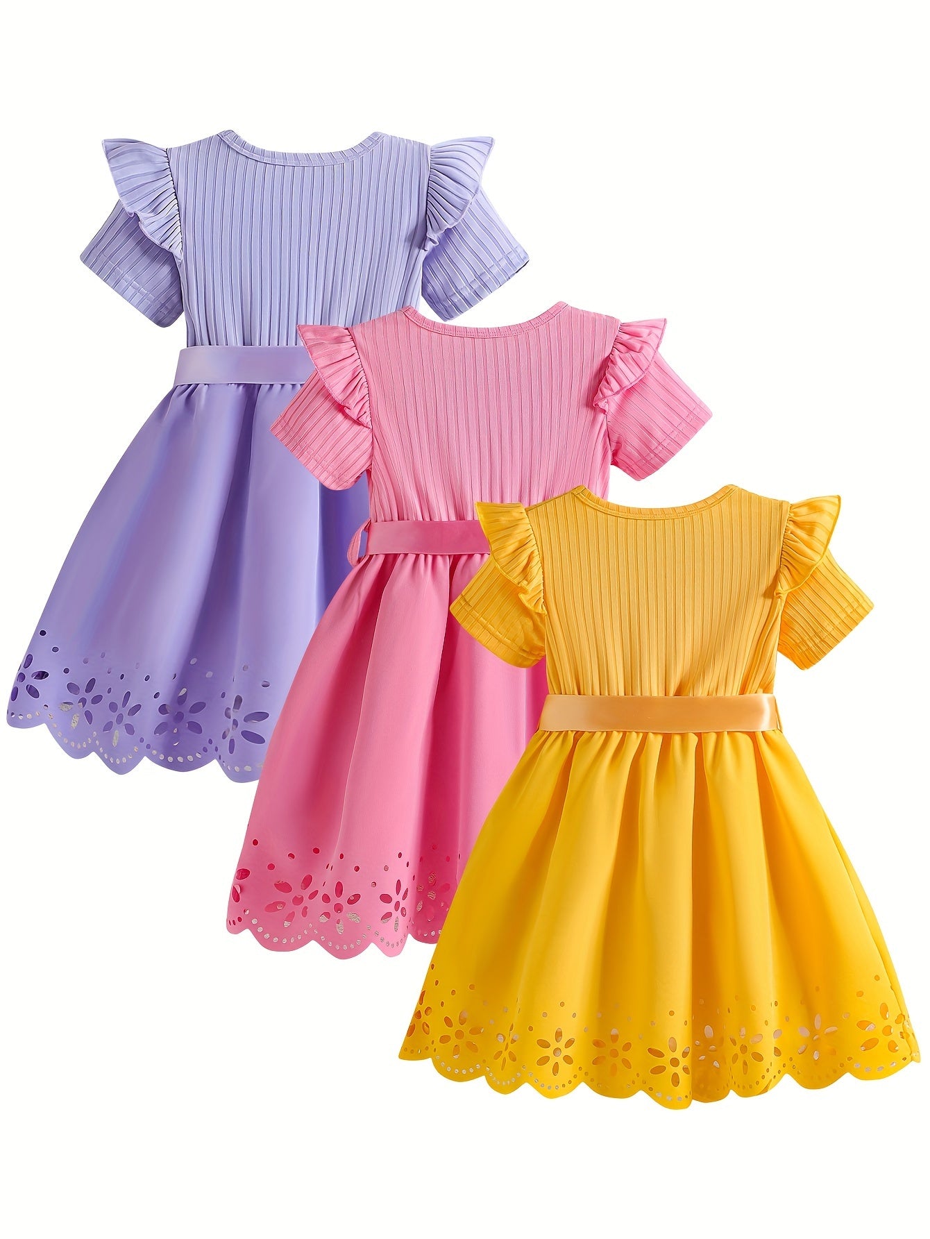 3pcs Girls Adorable Cartoon Character Print Casual Dress Set - Ruffle, Hollow-Out Design, Short Sleeve, Bowknot Belt, Polyester Fabric, Slight Stretch, Regular Fit, Alphabets Pattern, Summer Wear, Knit Fabric