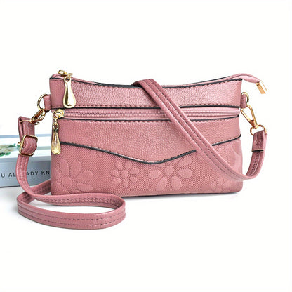 realaiot  Classic Flower Embossed Shoulder Bag, Solid Color Crossbody Bag, Portable Purse With Detachable Strap