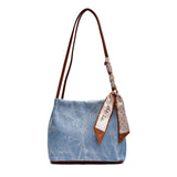 realaiot  Large Capacity Denim Canvas Shoulder Bag With Twilly Scarf Decor