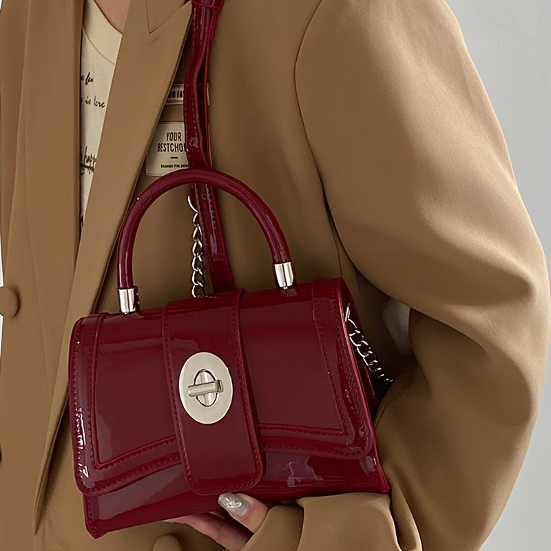 realaiot  Y2k Trendy Square Handbag, Women's Crossbody Bag With Twisted Lock, PU Leather Simple Top Handle Crossbody Bag
