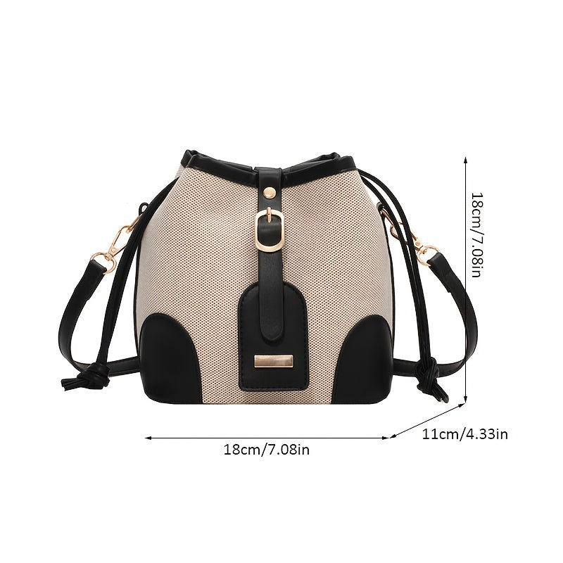 realaiot  Mini Vintage Drawstring Bucket Bag, Retro Canvas Crossbody Bag, Women's Casual Handbag & Shoulder Purse (17.98cm X 17.98cm X 11.0cm)