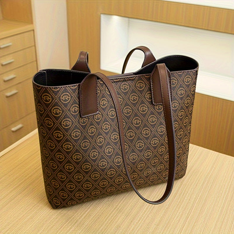 realaiot  2pcs Classic Printed Tote Bag Set, Stylish Shoulder Bag, Women's Luxury Handbag With Clutch Bag