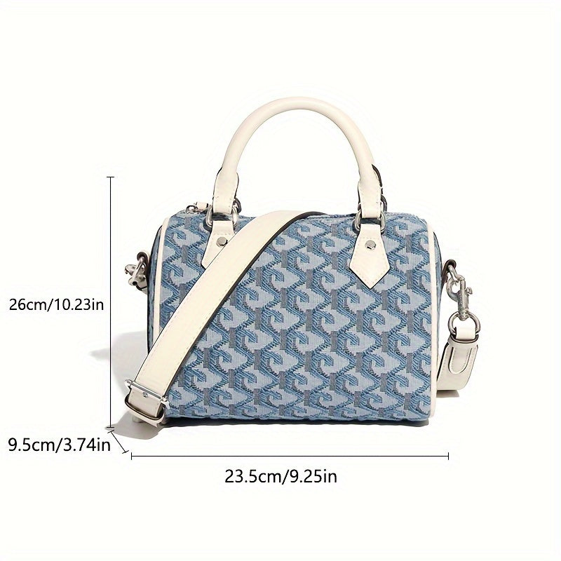 Western Style Blue Geometric Pattern Boston Handbag, Classic Versatile Zipper Satchel Bag For Women