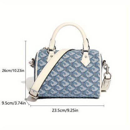 Western Style Blue Geometric Pattern Boston Handbag, Classic Versatile Zipper Satchel Bag For Women