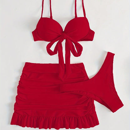 Three-Piece Beach Vacation Bikini Set - Stylish Tie-Front Top, Flirty Ruffle Hem Skirt, and Comfortable Swim Bottoms with Adjustable Straps, Perfect for Summer Getaways and Pool Parties