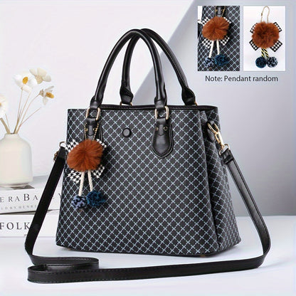 realaiot  Fashion Plaid Pattern Handbag, Multi Layer Crossbody Bag, Women's Elegant Shoulder Bag With Plush Ball Pendant