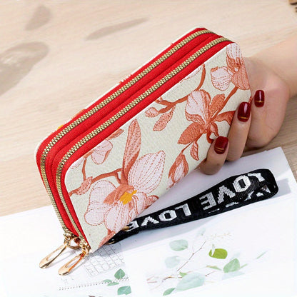 realaiot Flower Embroidery Long Wallet, Fashion Zipper Clutch Purse, Women's Phone Bag With Card Slots