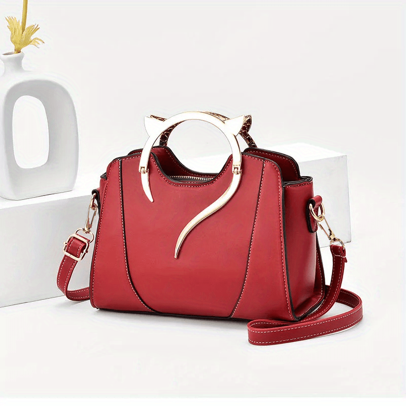 realaiot  Cat Shape Handle Zipper Bag, Versatile Solid Color Shoulder Purse, Stylish Crossbody Bag With Removable Strap