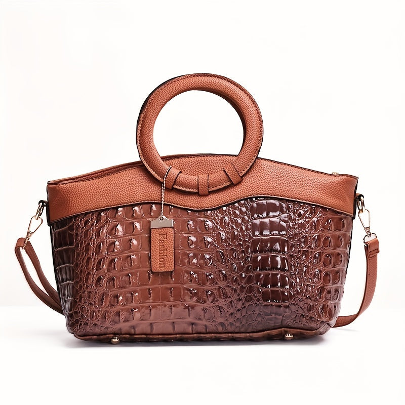 Women's Vintage Shoulder Bag, Crocodile Pattern Satchel Bag With Round Strap, Versatile Handbag
