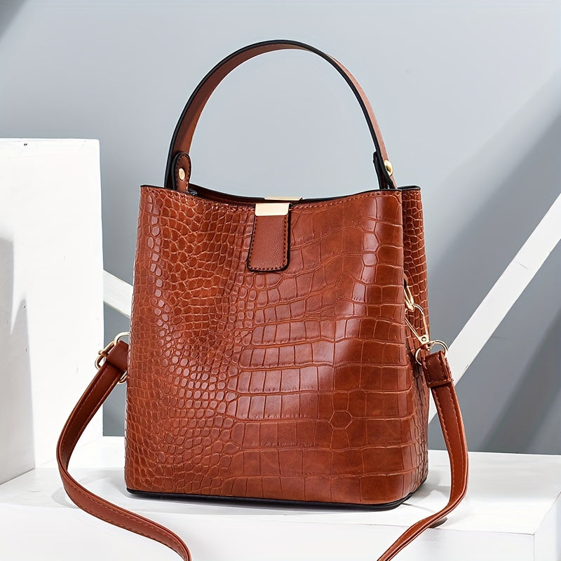 Croc Embossed Bucket Bag, Faux Leather Shoulder Bag Women's Trendy Crossbody Bag