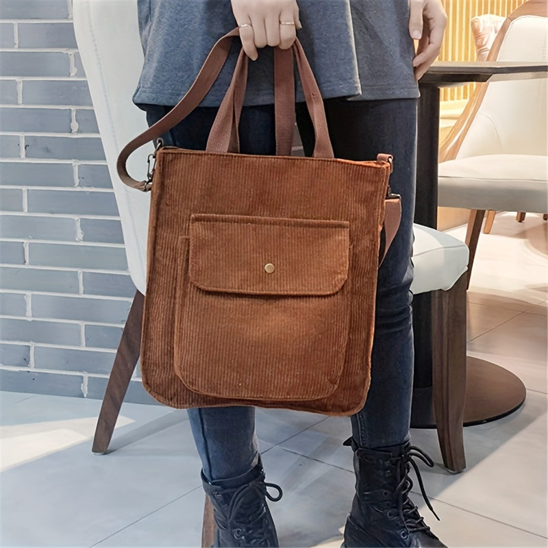 Trendy Corduroy Shoulder Bag, Large Capacity Casual Simple Tote Bag, Women's Fashion Versatile Crossbody Bag & Shopping Bag For Commuting & Outdoors