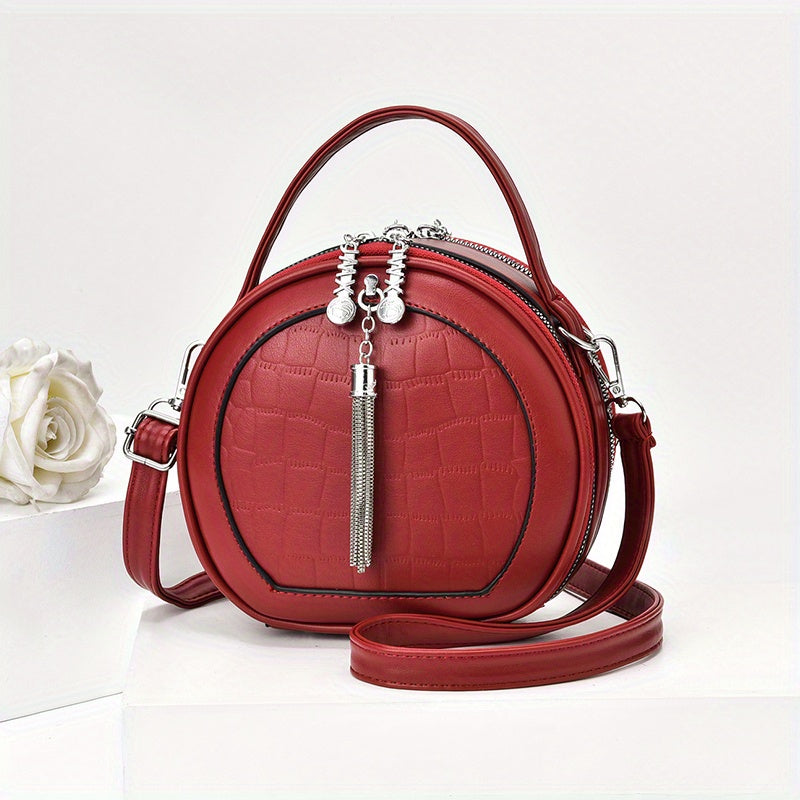 realaiot  Small Circular Crossbody Bag, PU Leather Shoulder Bag For Women, Fashion Zipper Handbag