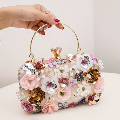 Mini Flower Decor Evening Bag, Elegant Rhinestone Clutch Bag, Women's Exquisite Dinner Bag For Party (19.99cmx11.0cmx4.5cm)