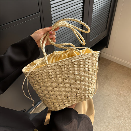 Summer Woven Straw Bag, Bohemian Drawstring Shoulder Bag, Versatile Paper Straw Travel Vacation Beach Bag