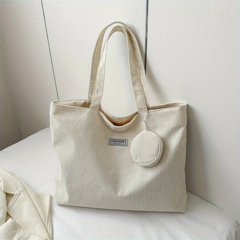 Casual Corduroy Tote Bag, Minimalist Shoulder Bag, All-Match Handbag With Mini Round Purse