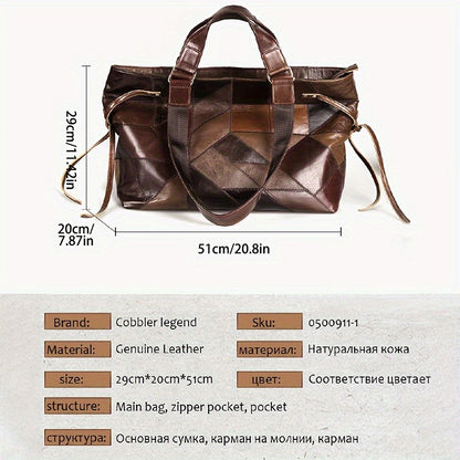 realaiot  Vintage Genuine Leather Tote Bag, Rhombus Pattern Handbag, Women's Large Capacity Shoulder Bag Office Laptop Bag