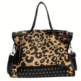 realaiot  Trendy Leopard Print Hobo Bag, Rivet Studded Tote Purse, Women's Punk Y2K Crossbody Bag, Handbag & Shoulder Bag