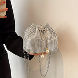 Full Rhinestone Decor Bucket Bag, Drawstring Chain Bag, Women's Classic Banquet Messenger Bag