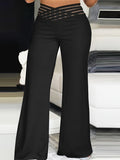 realaiot  Plus Size Elegant Pants, Women's Plus Solid Contrast Mesh V Waist High Rise Straight Leg Trousers