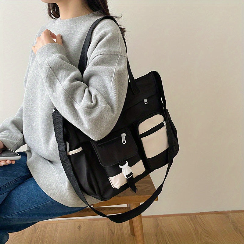 Colorblock Casual Shoulder Bag, Large Capacity Crossbody Canvas Bag, Women's All-Match School Bag