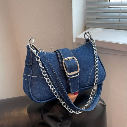 Y2K Denim Crossbody Handbag, Chain Decor Shoulder Bag, Buckle Decor Stitch Chain Baguette Bag