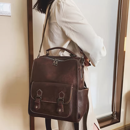 PU Leather Brown Backpack, New Retro British Style College Student School Bag, Simple Travel Backpack, Large Capacity Work Computer Commuter Backpack