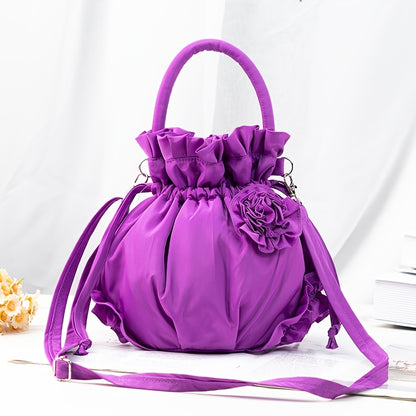 realaiot  Flower Decor Ruffle Trim Bucket Bag, Drawstring Design Top Handle Purse, Women's Fabric Shoulder Bag