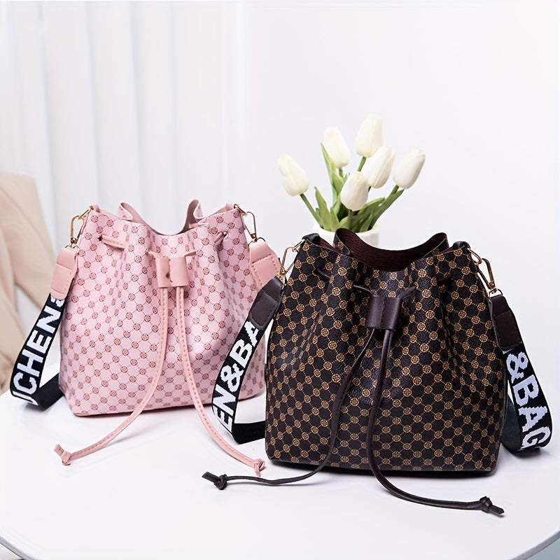 realaiot  Vintage Small Geometric Pattern Bucket Bag, Classic Drawstring Shoulder Bag, Mini Letter Pattern Strap Crossbody Bag