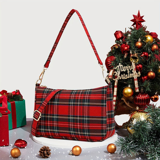 realaiot  Fashion Plaid Pattern Shoulder Bag, Niche Underarm Bag, Trendy Canvas Crossbody Bag