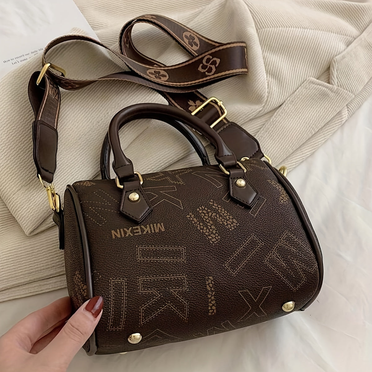 realaiotVintage Letter Print Boston Bag, Women's PU Leather Handbag, Trendy Mini Crossbody Purse With Wide Strap