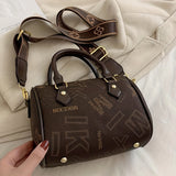 realaiotVintage Letter Print Boston Bag, Women's PU Leather Handbag, Trendy Mini Crossbody Purse With Wide Strap