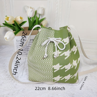 realaiot  2024 New Houndstooth & Geometric Pattern Stitching Bucket Bag. Mini Knitted Shoulder Bag For Women