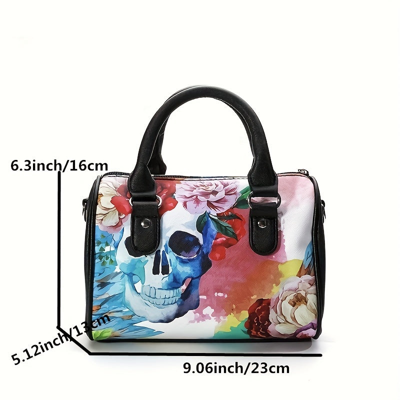 realaiot  Floral Skull Print Boston Bag, Fashion Top Handle Crossbody Bag, Women's Gothic Handbag, Shoulder Bag & Purse