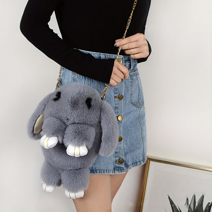 realaiot Plush Bunny Design Bag, Trendy Chain Crossbody Bag, Cute Cartoon Doll Purse For Girls Women