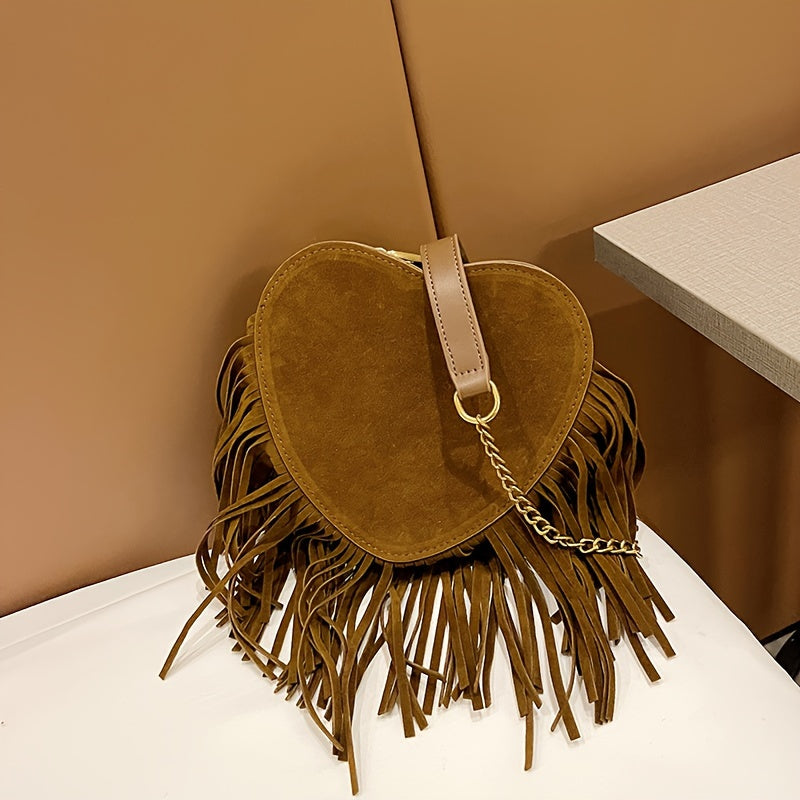 realaiot Tassel Heart Shaped Crossbody Bag, Vintage Chain Shoulder Bag, Bohemian Fringed Shoulder Bag For Women, Valentine's Day