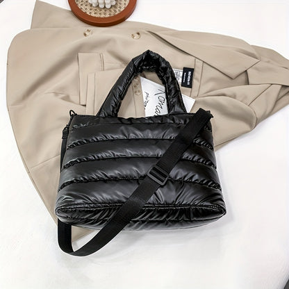 Soft Quilted Tote Bag, Large Capacity Zipper Shoulder Bag, Detachable Adjustable Strap Portable Double Handle Handbag