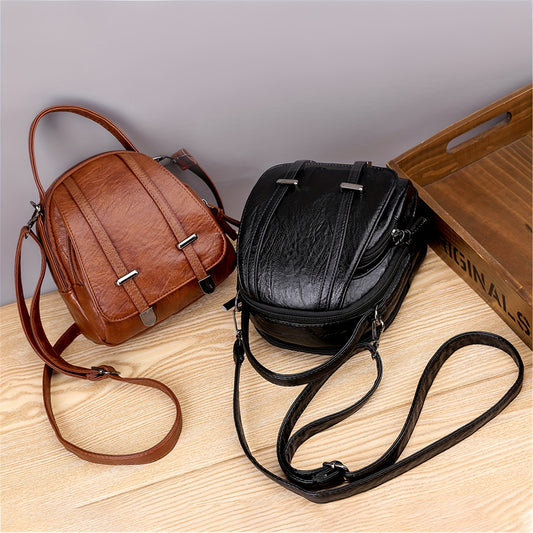 Retro Mini Crossbody Bag, Women's Multi Layer Handbag, Simple PU Leather Shoulder Purse