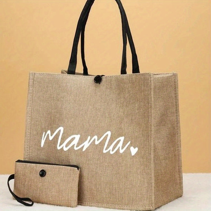 realaiot  Mama Letters Print Tote Bag, Trendy Mothers Day Gift Handbag, Reusable Shopping Bag With Coin Purse