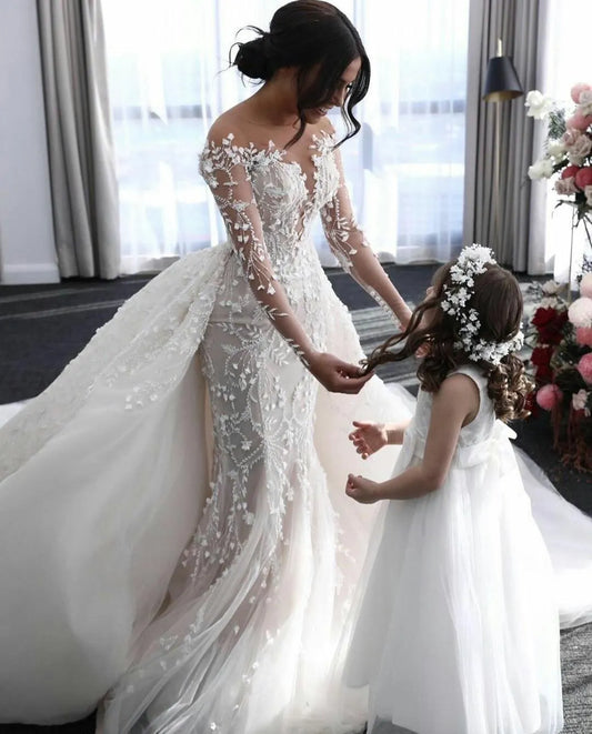 Sexy Luxury Mermaid Wedding Dresses Jewel Neck Long Sleeves Illusion Lace Appliques Tulle Detachable Train Overskirts Formal Bridal Gowns Plus Size