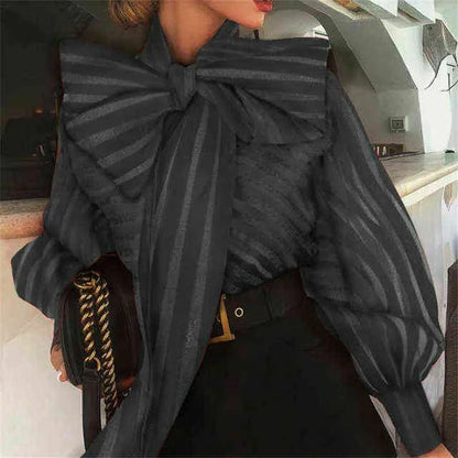 Women Mesh Sheer Striped Blouse See-through Long Sleeve Top Shirt Fashion Elegant Big Bowknot Black Red Shirt Female Blusas H1230