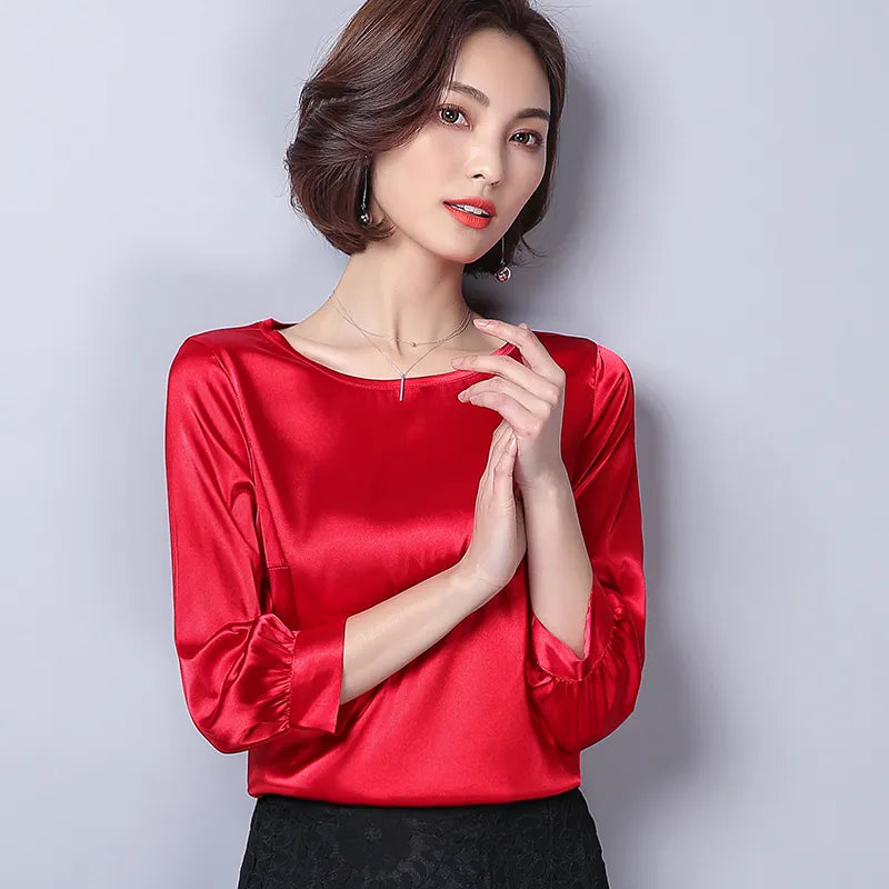 Women Blouses Casual OL Silk Blouse Autumn Loose Basic Satin Shirt Work Wear Blusas Feminina Tops Shirts Plus Size XXXL Pink/Red T200321