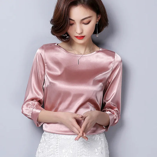 Women Blouses Casual OL Silk Blouse Autumn Loose Basic Satin Shirt Work Wear Blusas Feminina Tops Shirts Plus Size XXXL Pink/Red T200321