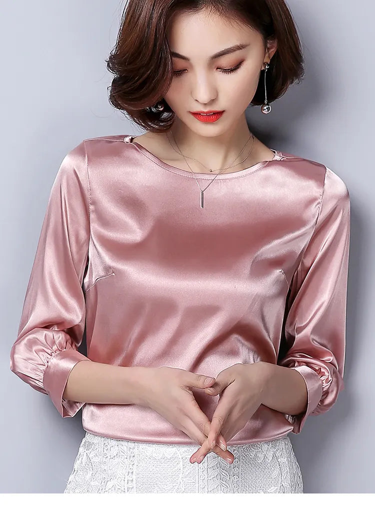 Women Blouses Casual OL Silk Blouse Autumn Loose Basic Satin Shirt Work Wear Blusas Feminina Tops Shirts Plus Size XXXL Pink/Red T200321