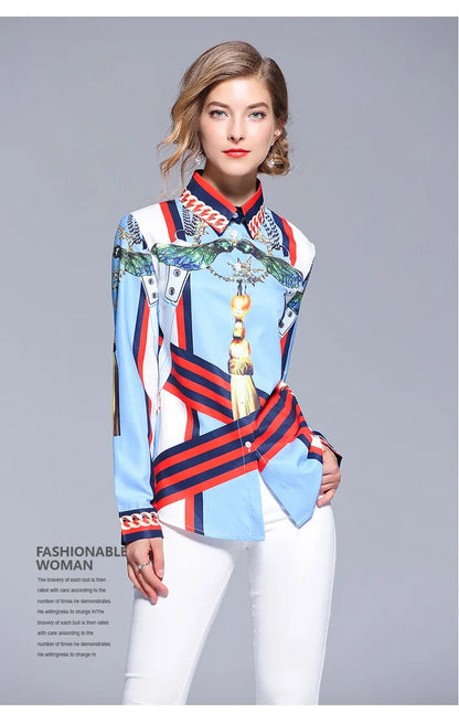 European fashion design  new women's blue color print turn down collar long sleeve blouse shirt MLXLXXL