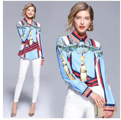 European fashion design  new women's blue color print turn down collar long sleeve blouse shirt MLXLXXL